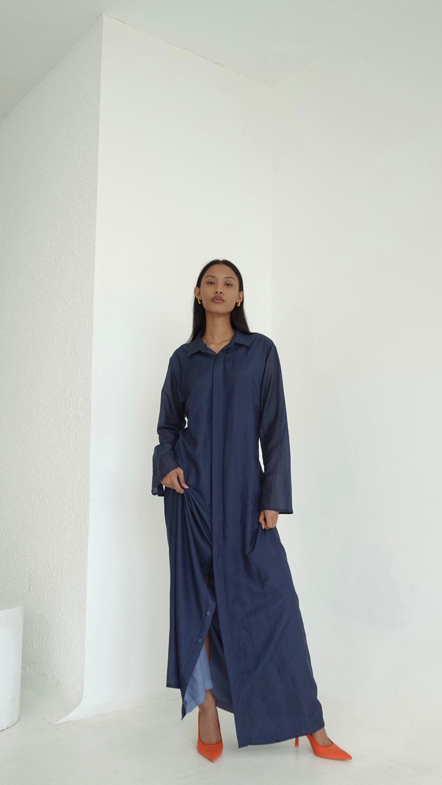 Silk-Cotton Long Shirt Dress in Navy