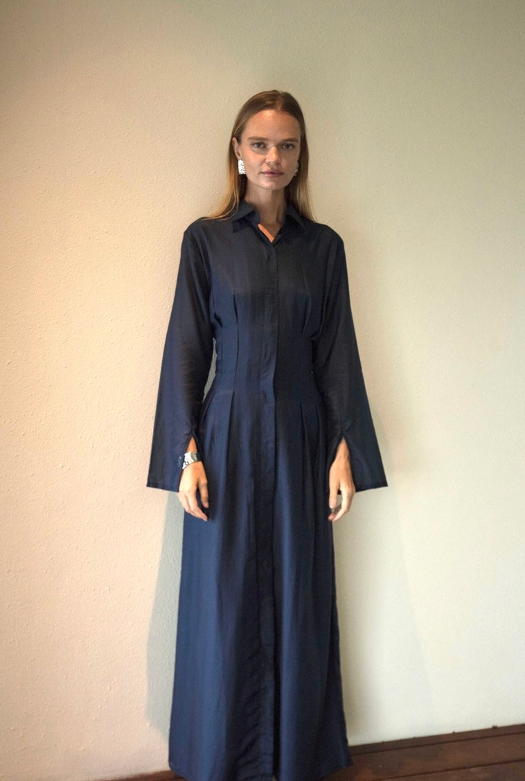 Silk-Cotton Cinched Dress in Navy Blue