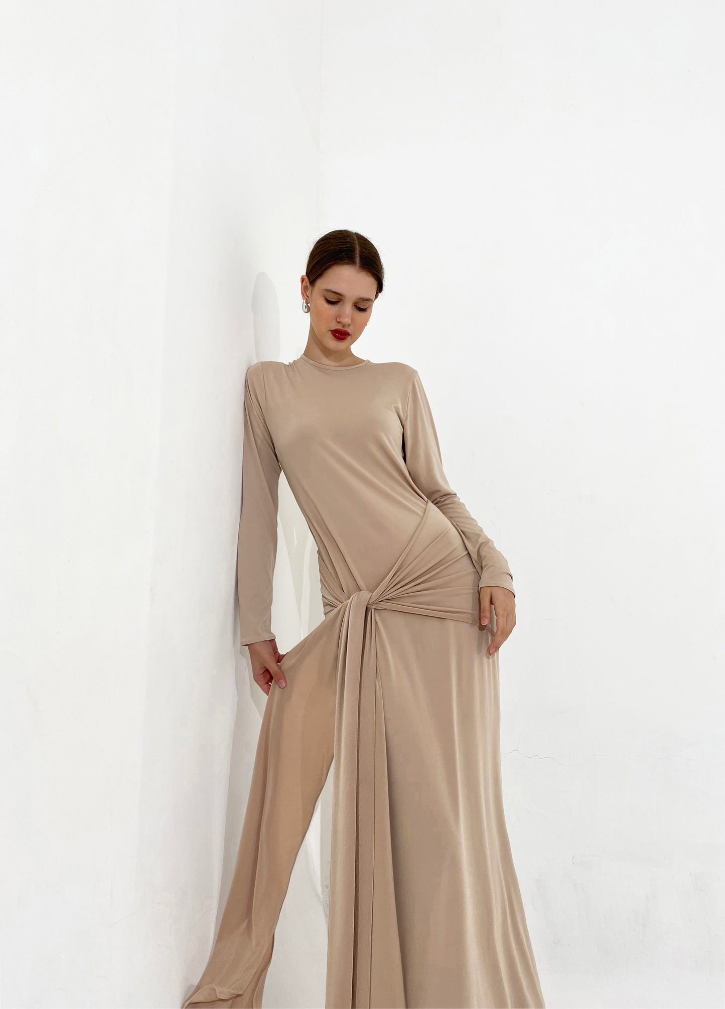 Draped Tie Dress in Sand | won’t be restocked