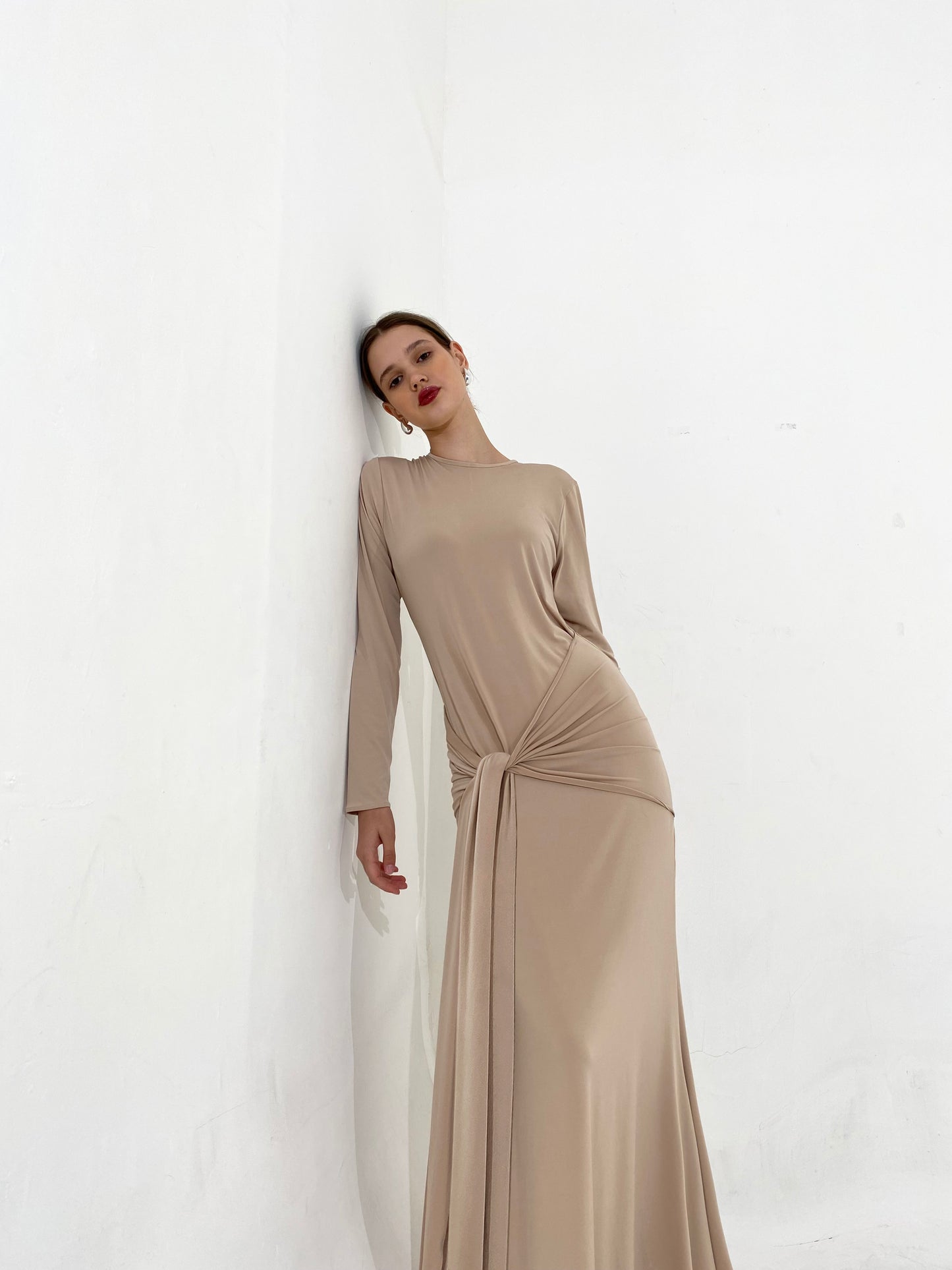 Draped Tie Dress in Sand | won’t be restocked