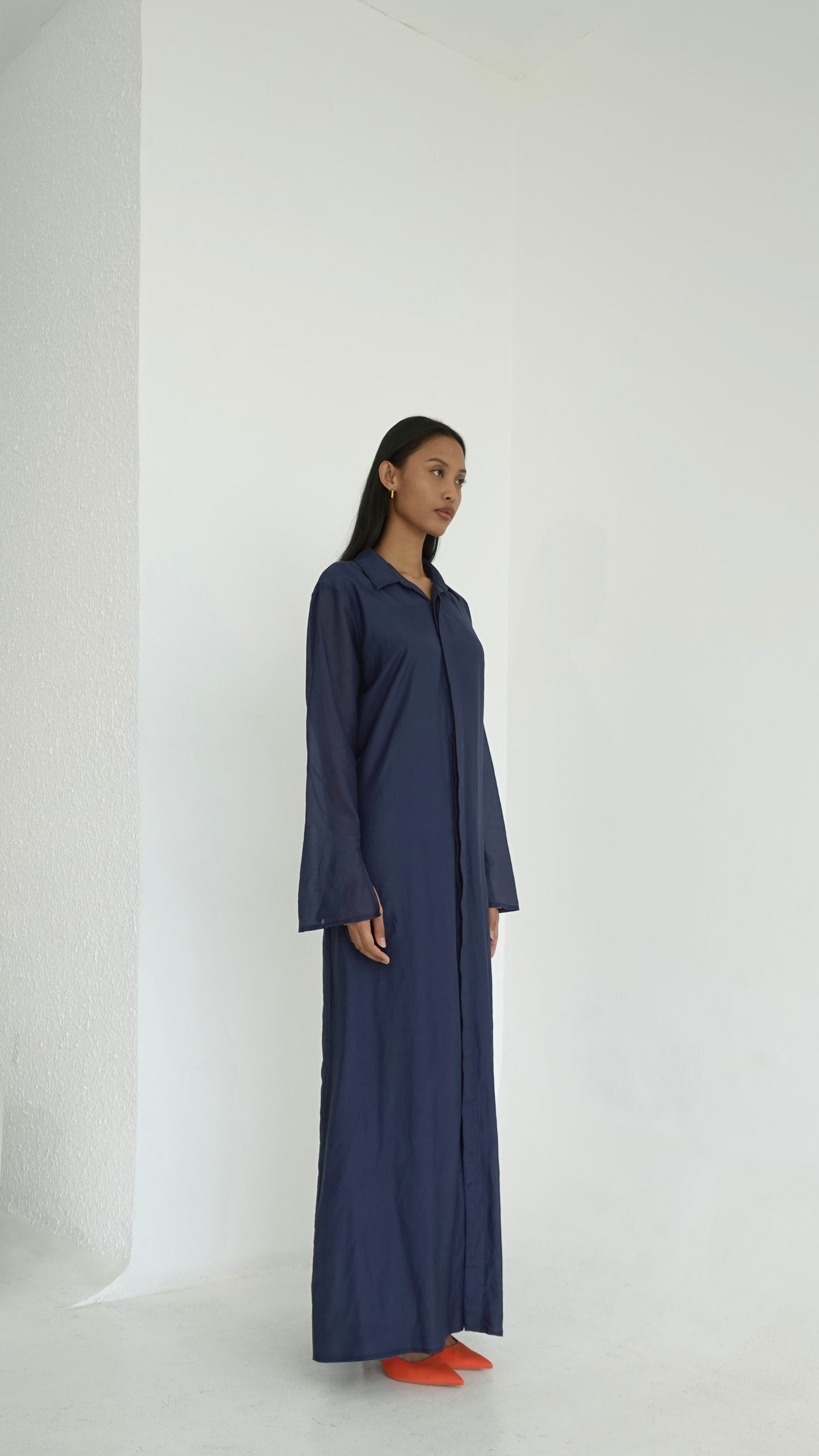 Silk-Cotton Long Shirt Dress in Navy