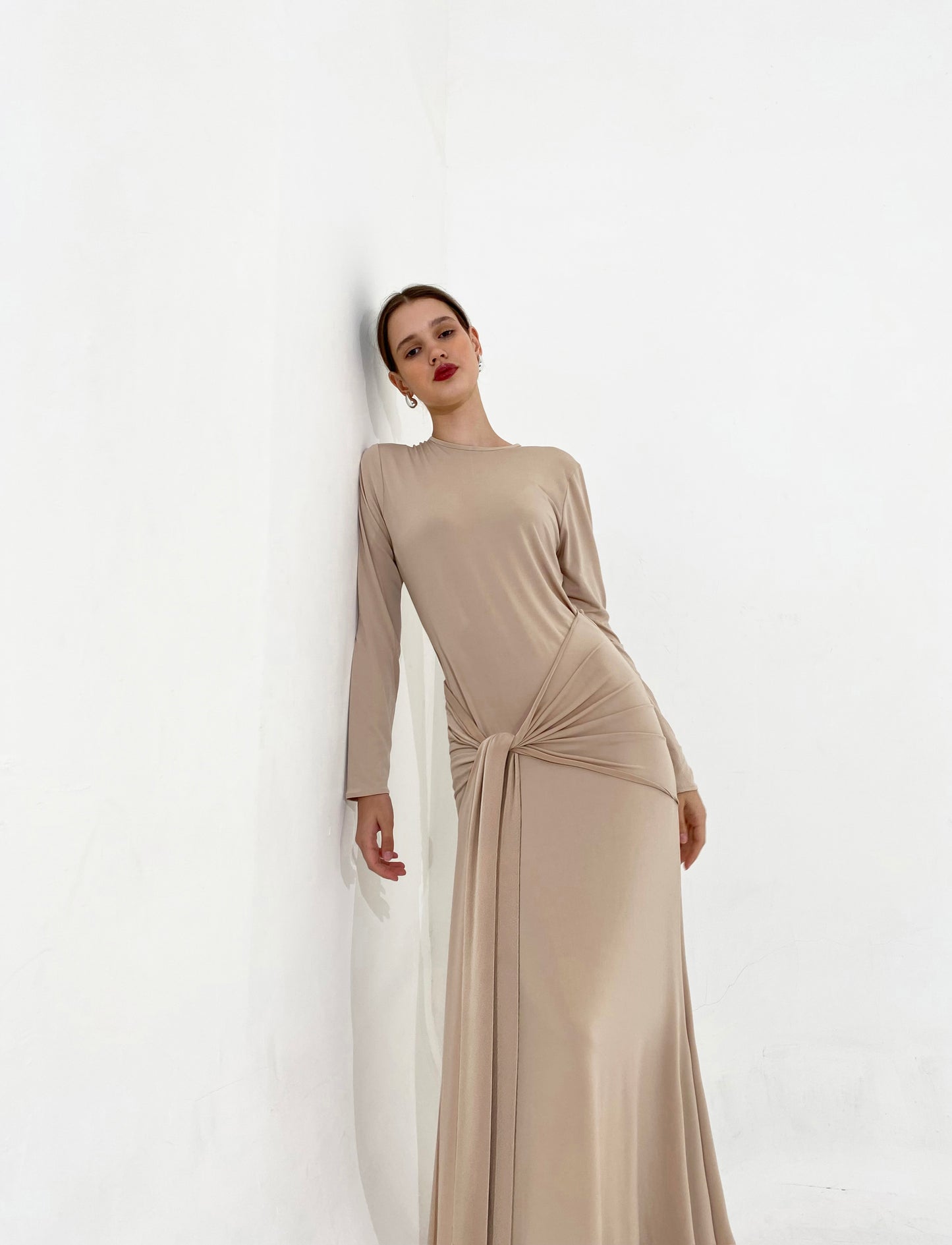 Draped Tie Dress in Sand | won’t be restocked