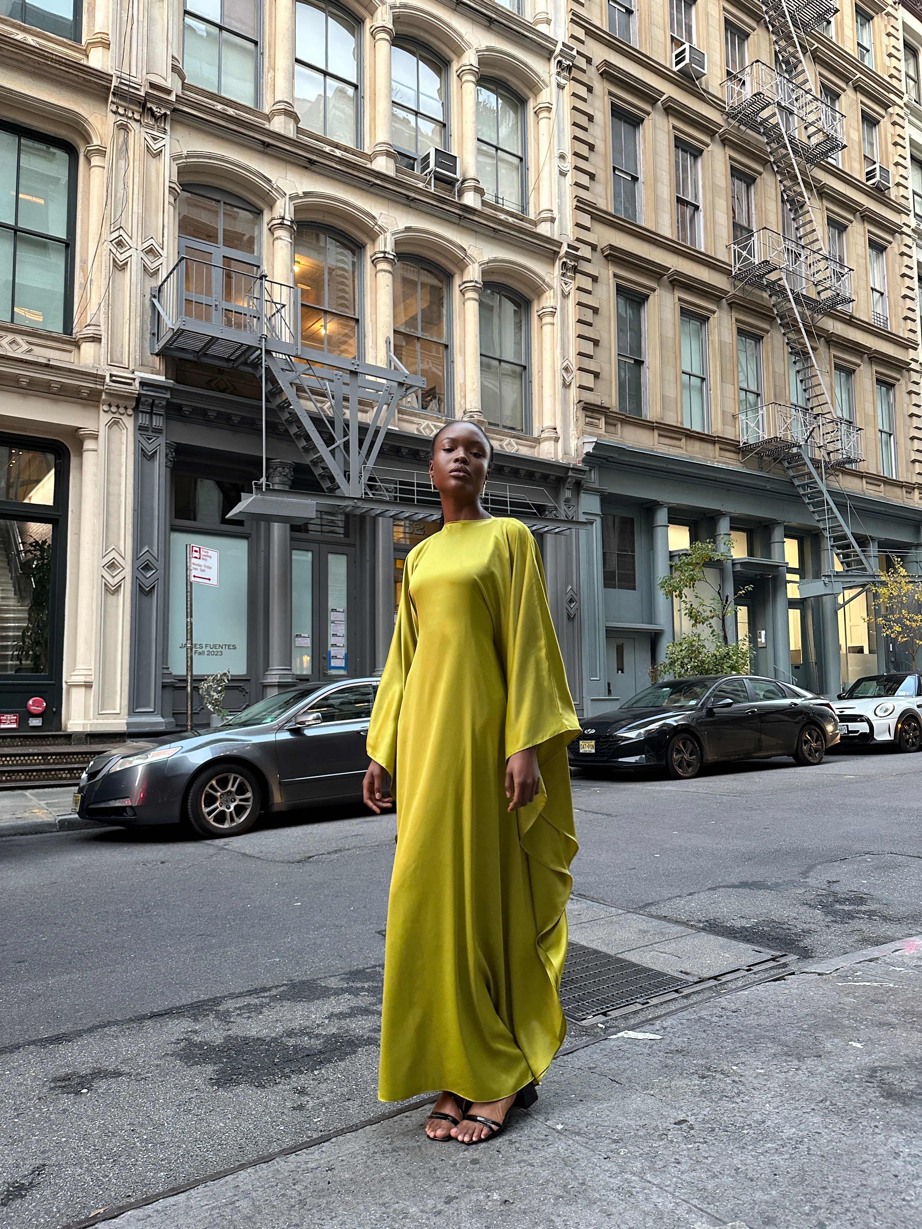 Chartreuse Satin Kaftan Dress