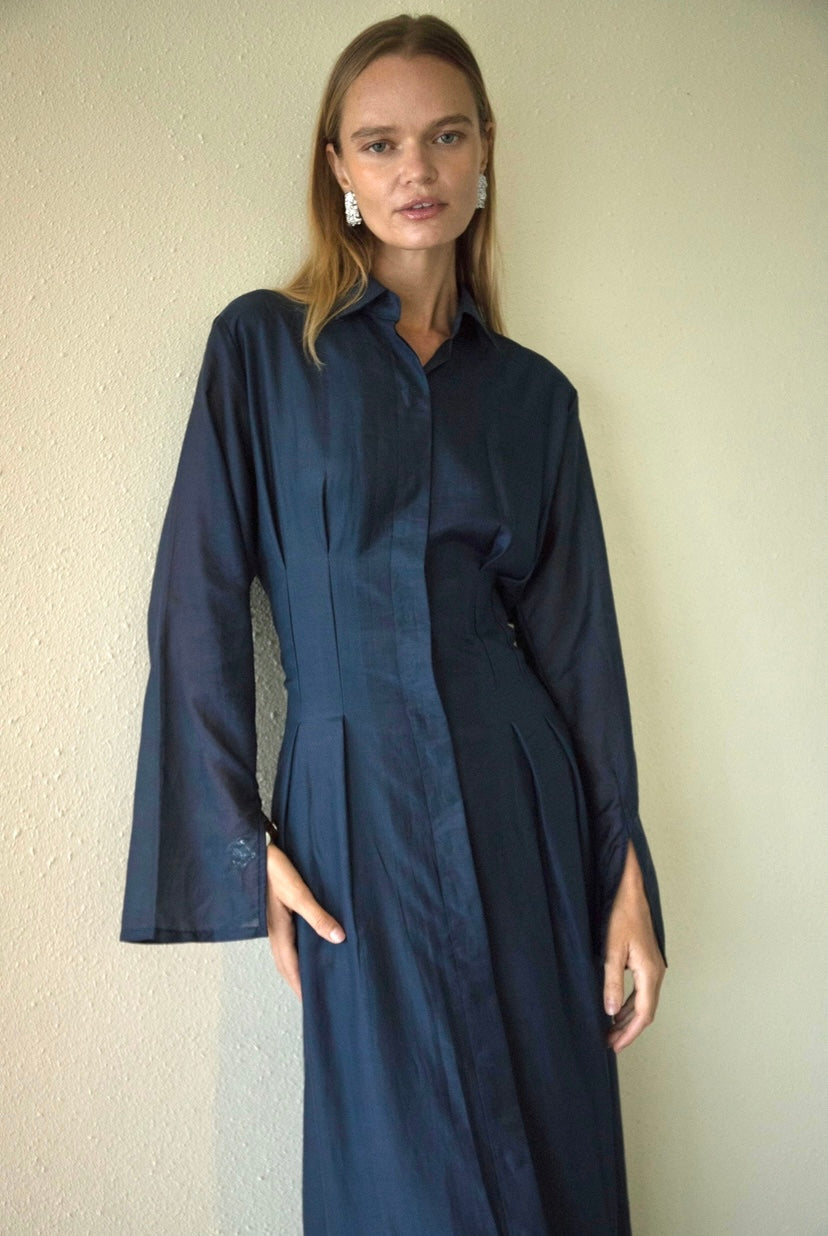 Silk-Cotton Cinched Dress in Navy Blue