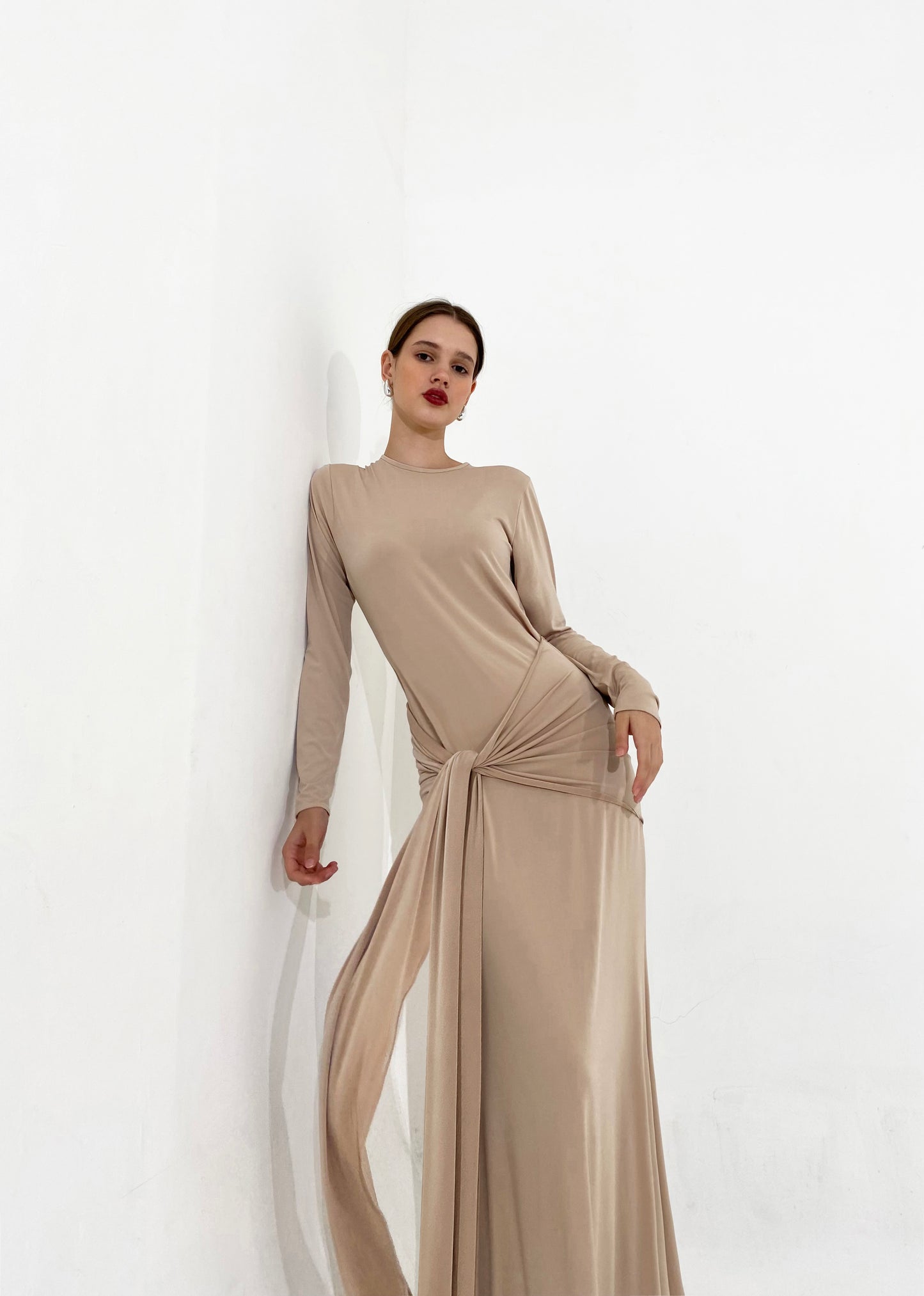 Draped Tie Dress in Sand | won’t be restocked