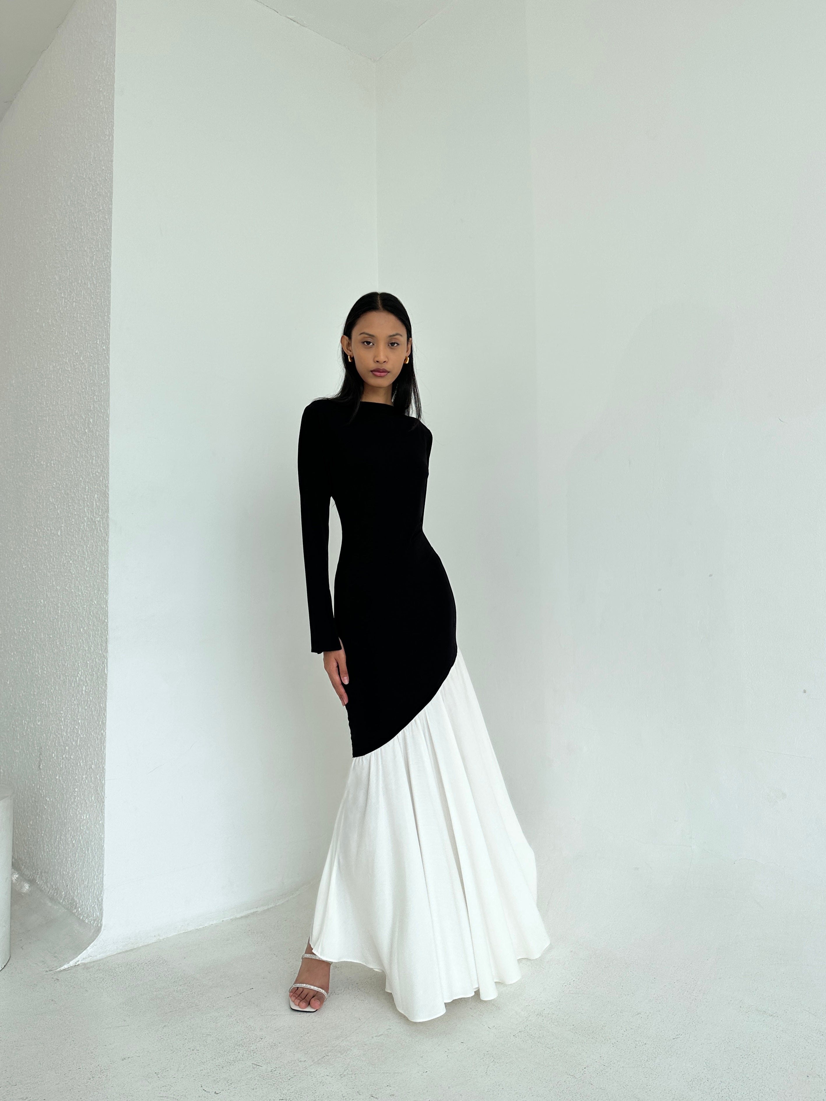 Black White Colorblock Asymmetrical Dress