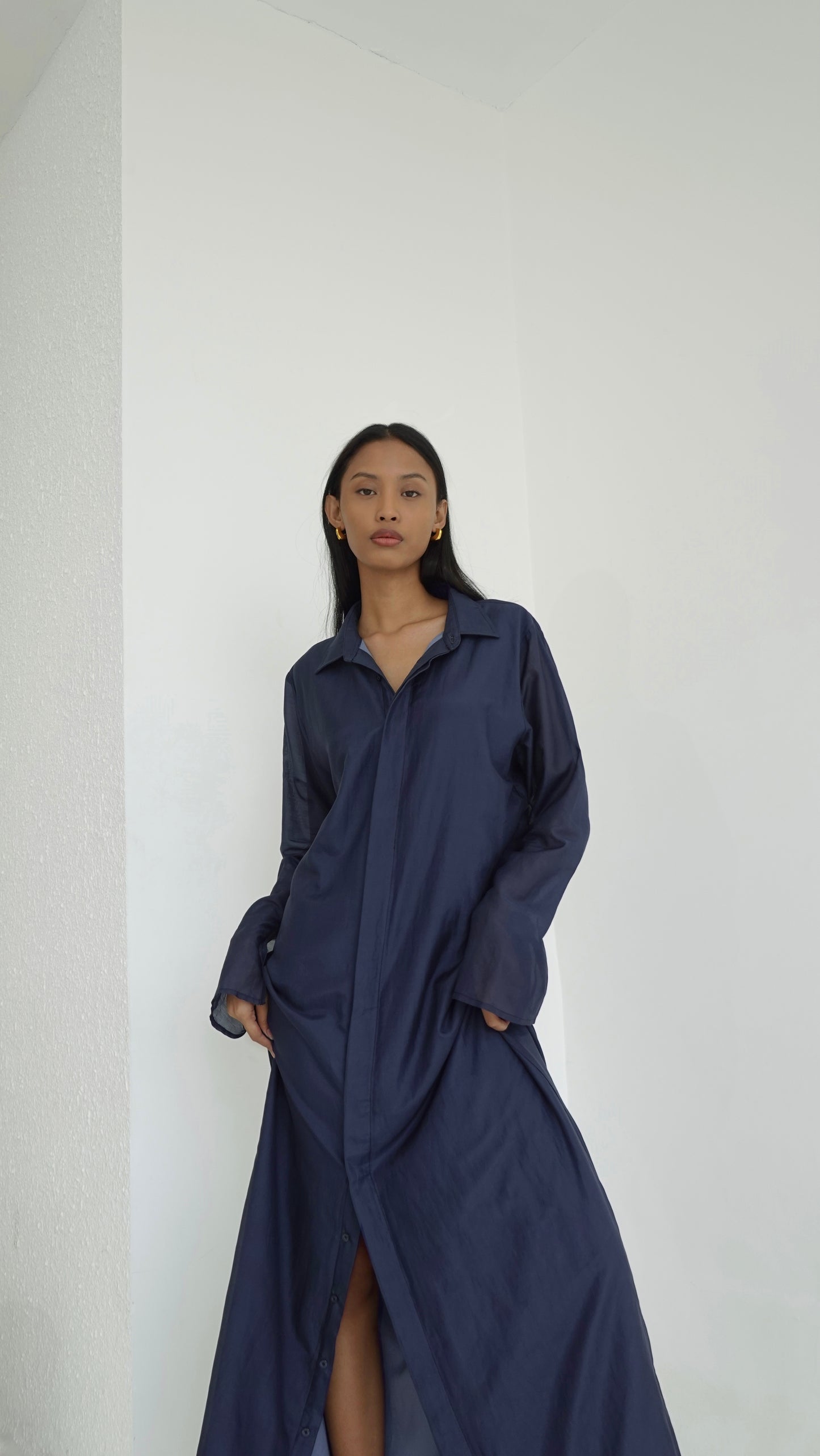 Silk-Cotton Long Shirt Dress in Navy