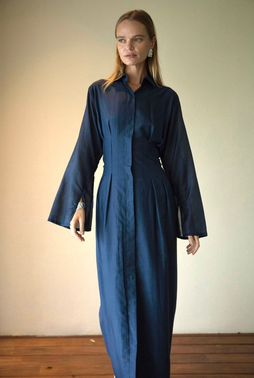 Silk-Cotton Cinched Dress in Navy Blue