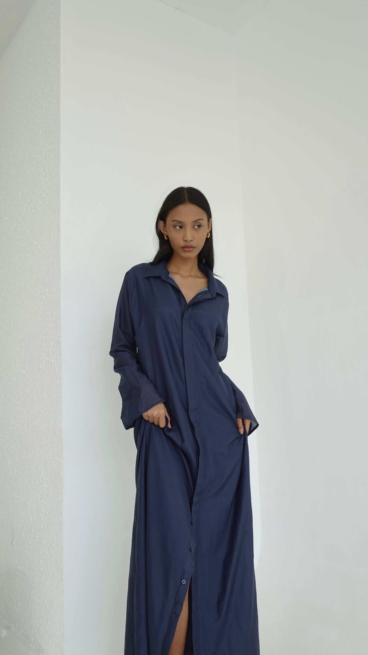 Silk-Cotton Long Shirt Dress in Navy