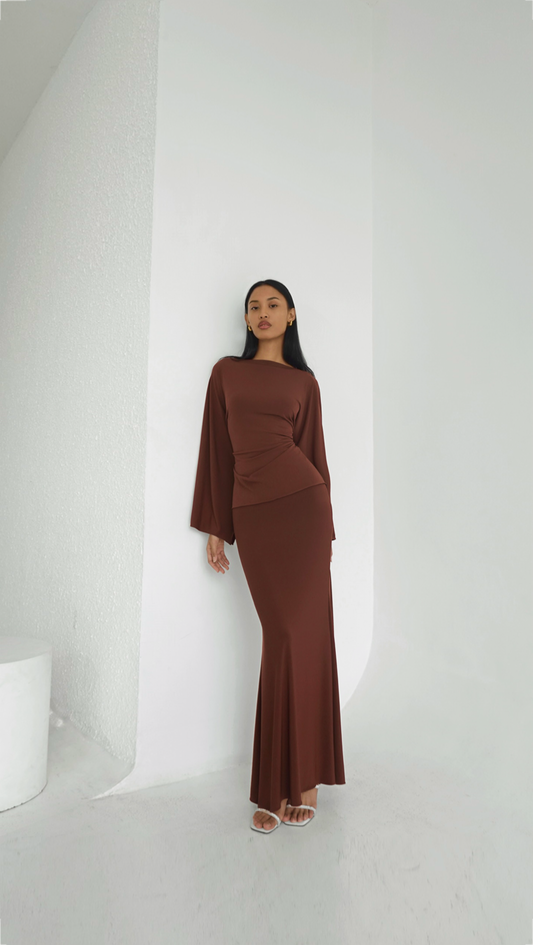 Two-Piece Skirt Set in Toffee Brown