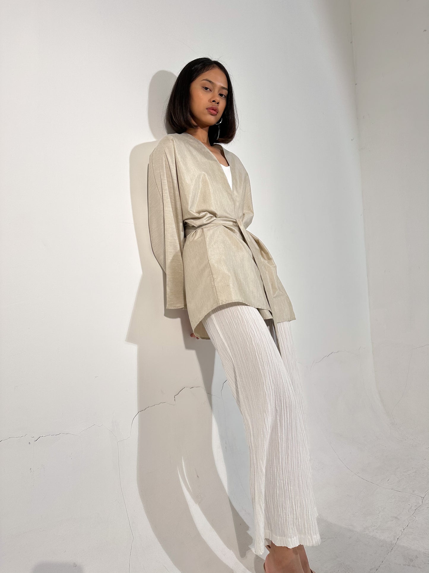 Beige Short Kimono Linen Blend