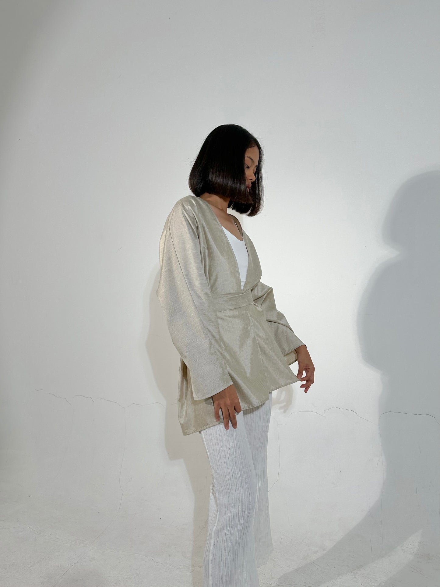 Beige Short Kimono Linen Blend