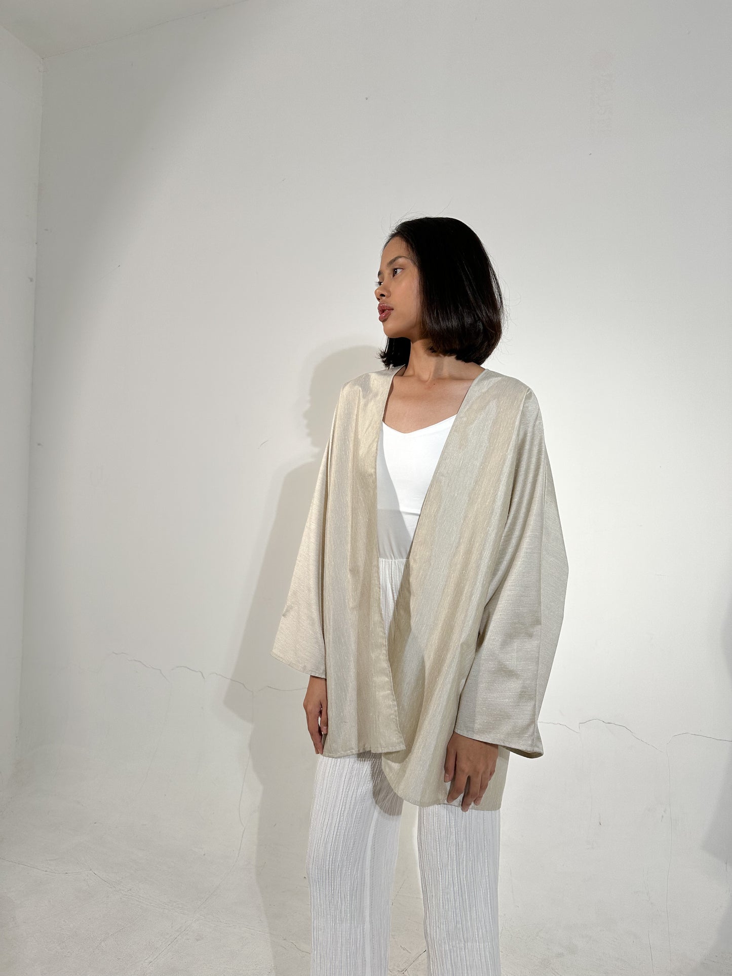 Beige Short Kimono Linen Blend