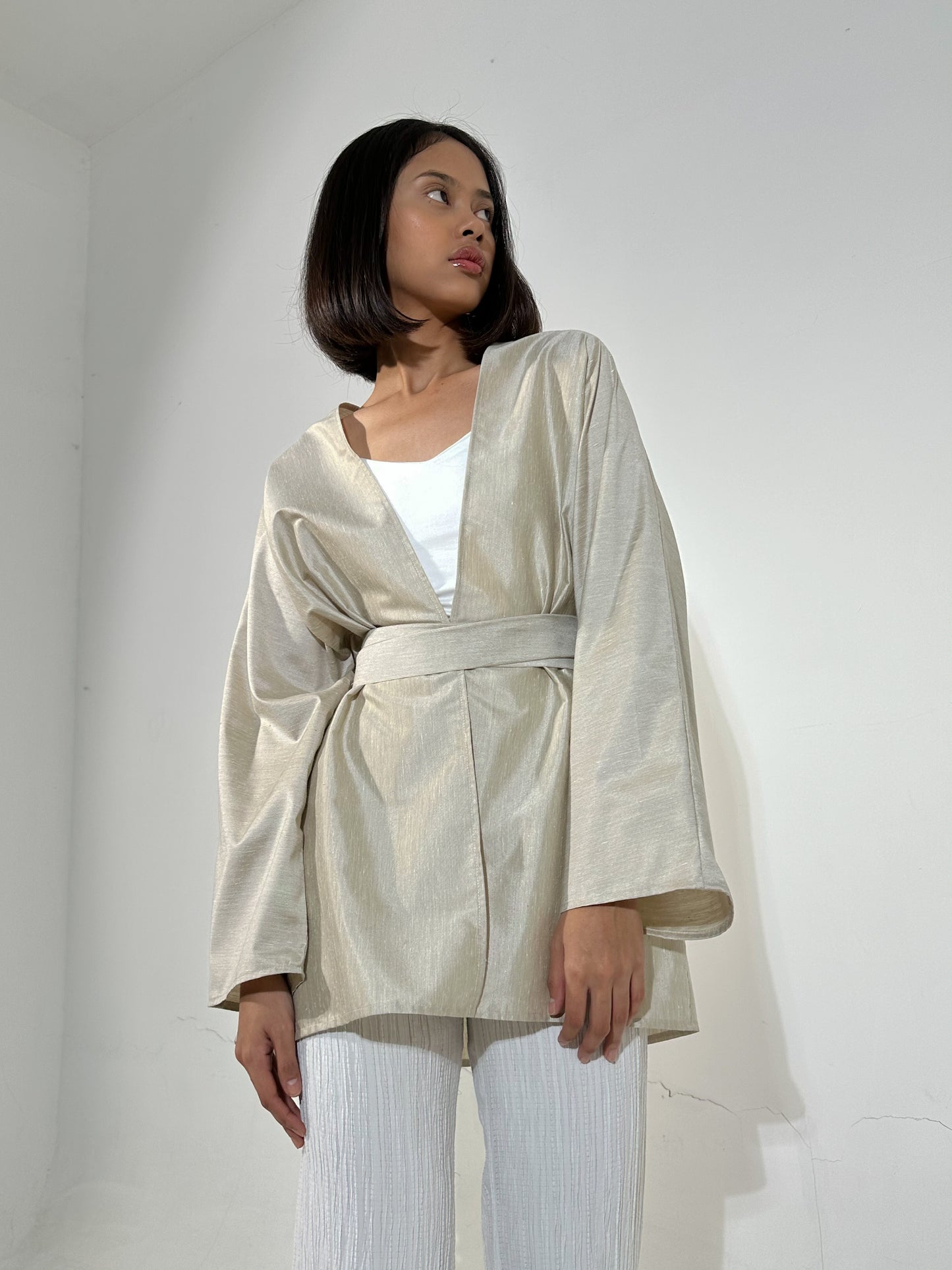 Beige Short Kimono Linen Blend