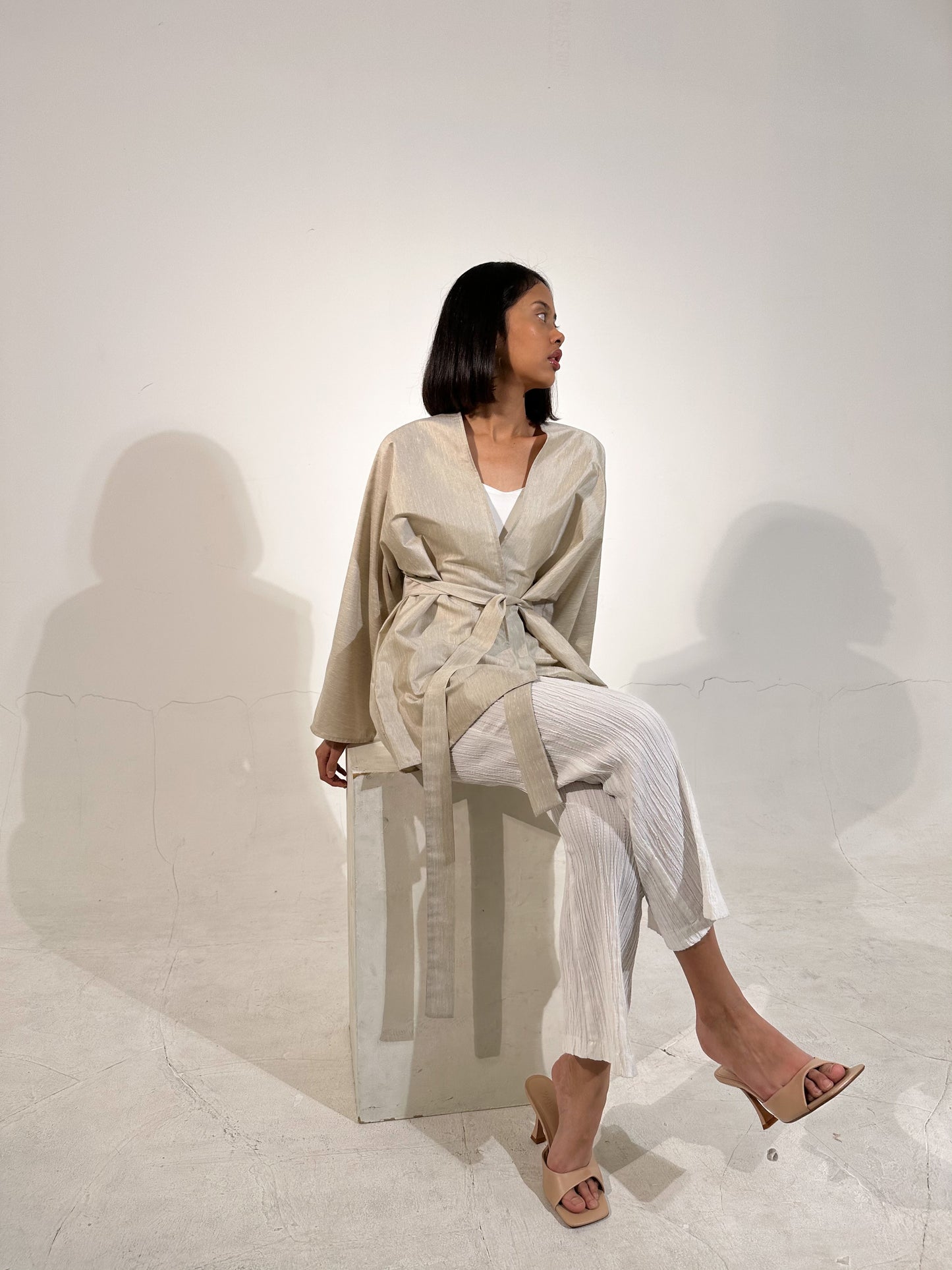 Beige Short Kimono Linen Blend