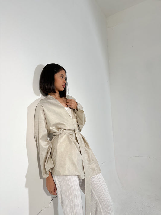 Beige Short Kimono Linen Blend