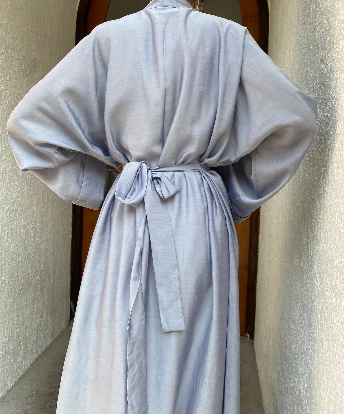 linen long kimono open abaya blue robe duster modest fashion